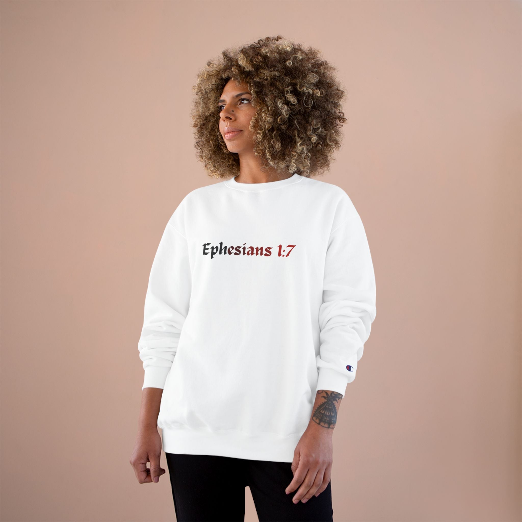 Ephesians 1:7 Champion Sweatshirt, Saved By The Blood, Faded Lettering