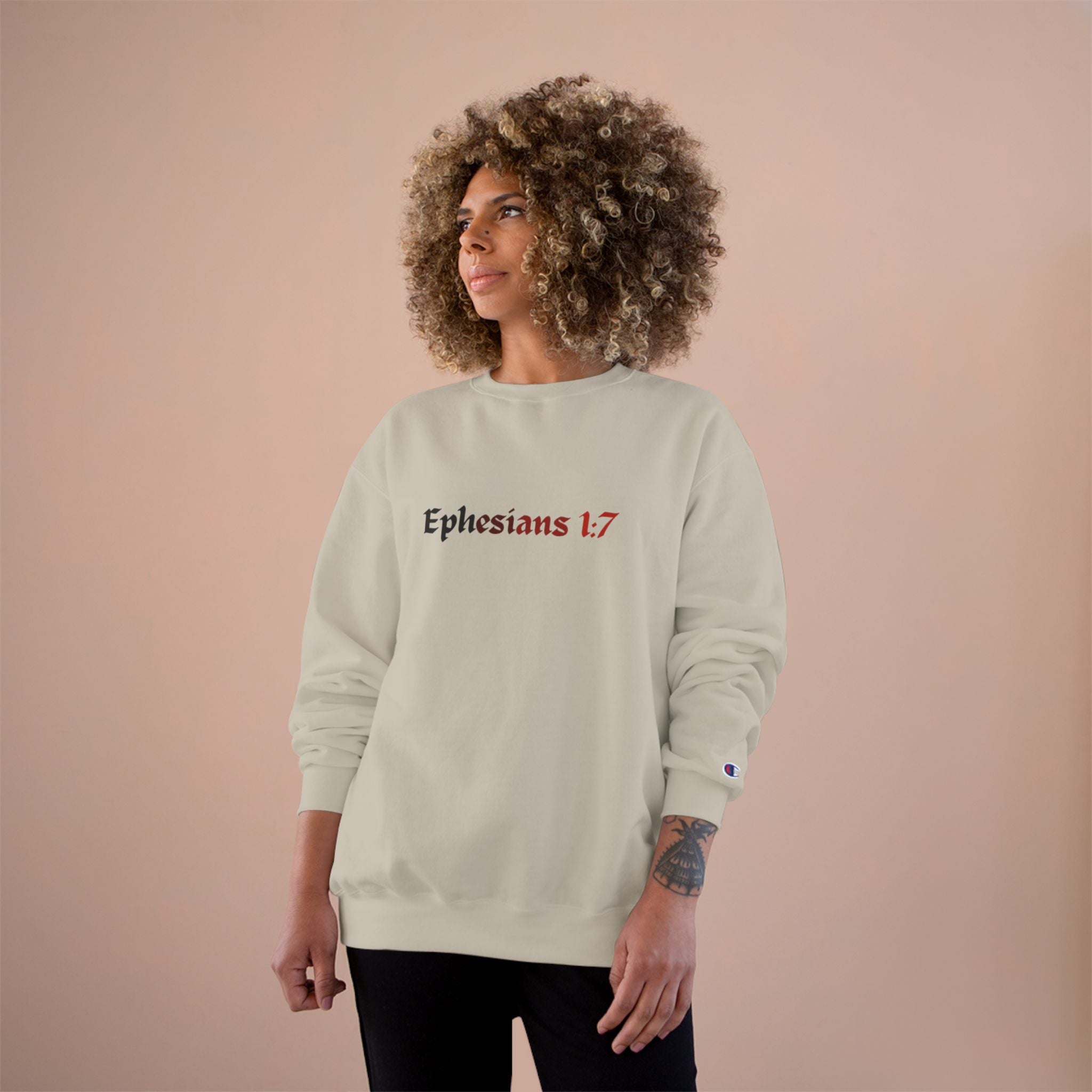 Ephesians 1:7 Champion Sweatshirt, Saved By The Blood, Faded Lettering