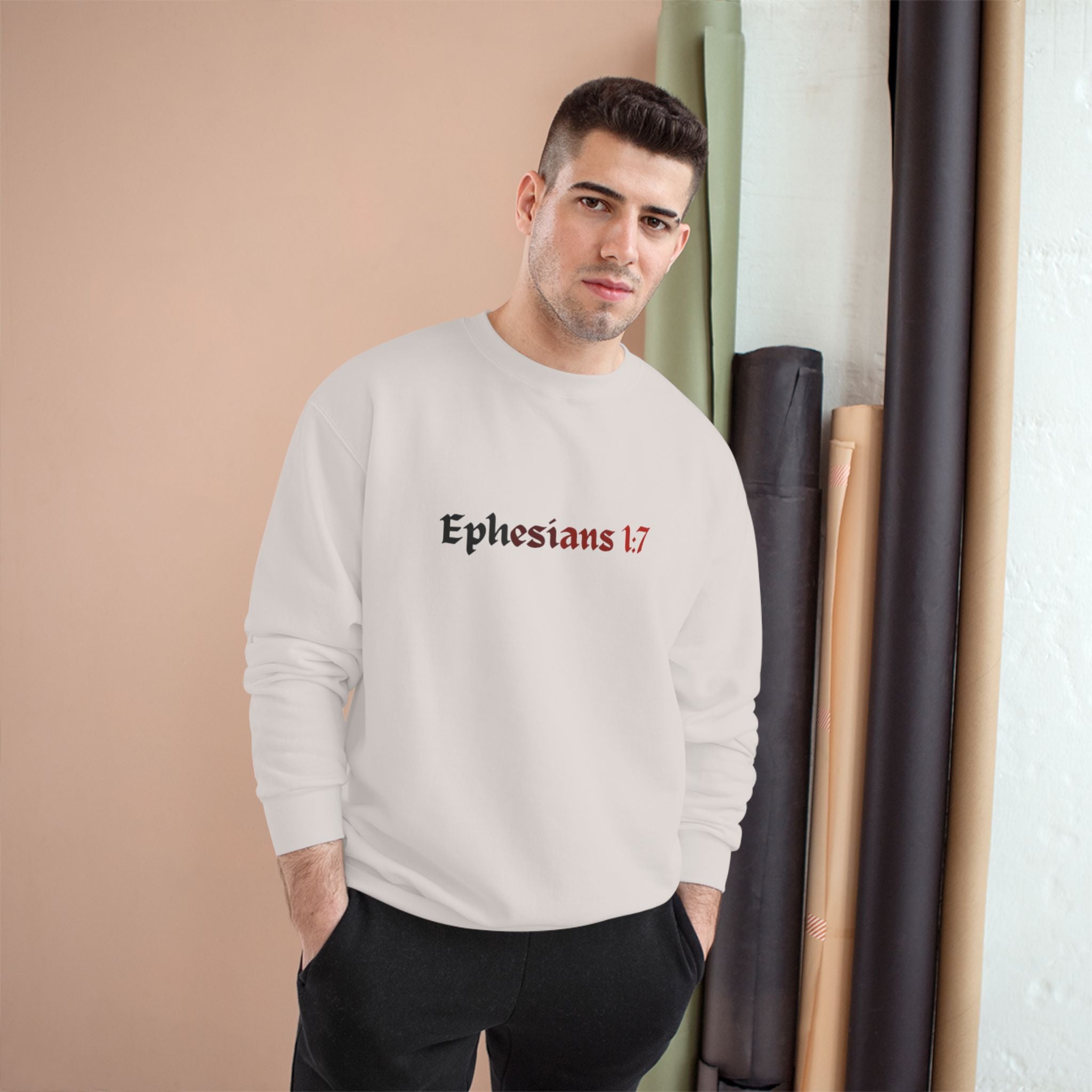 Ephesians 1:7 Champion Sweatshirt, Saved By The Blood, Faded Lettering