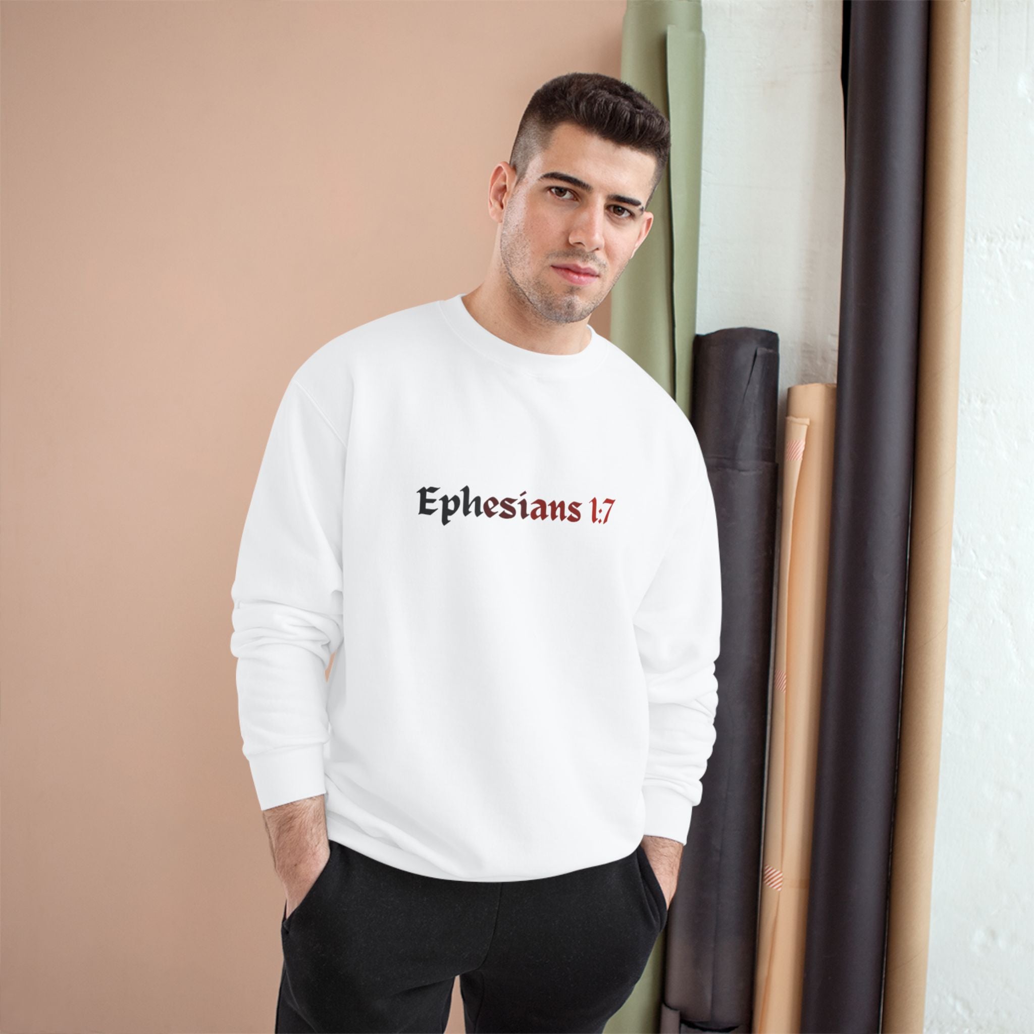 Ephesians 1:7 Champion Sweatshirt, Saved By The Blood, Faded Lettering